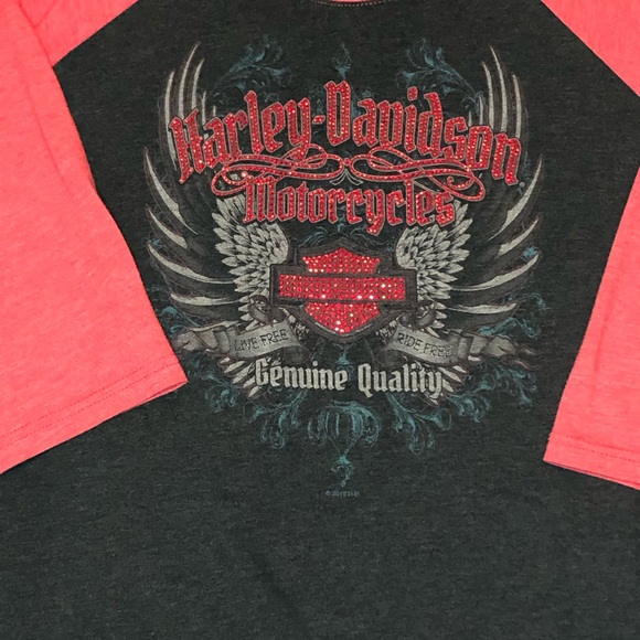 Harley-Davidson Women's 3/4 Sleeve Embellished Top Grey/Red Size 3XL - Picture 2 of 6